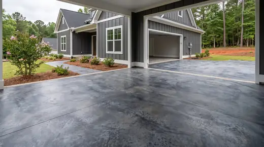 Acid-stained concrete floor in charcoal and blue-grey marbled tones at a charcoal farmhouse-modern home in Savannah, GA, under an overcast sky.