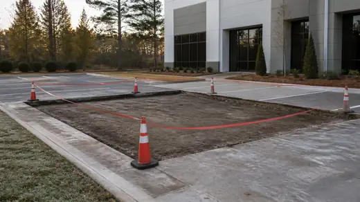 Section of parking lot saw-cut out with the base regraded in Savannah, GA, in early morning light.