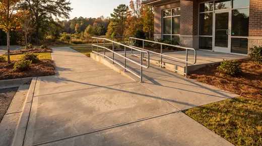 Concrete entry walk and ADA ramp at a medical office building in Savannah, GA, in late afternoon light.