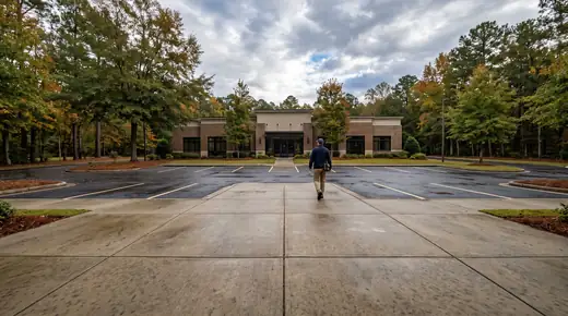 Concrete walkway and entry paving at a suburban office building in Savannah, GA, after a rain shower.