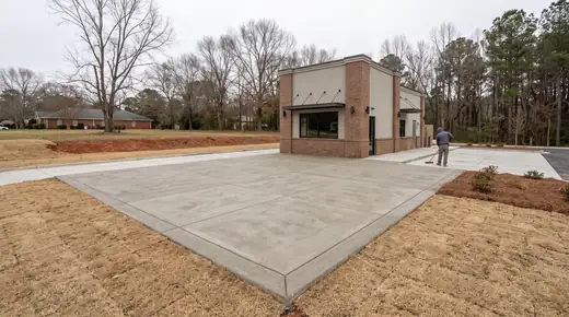 Concrete patio slab and service apron behind a restaurant in Savannah, GA, under an overcast sky.