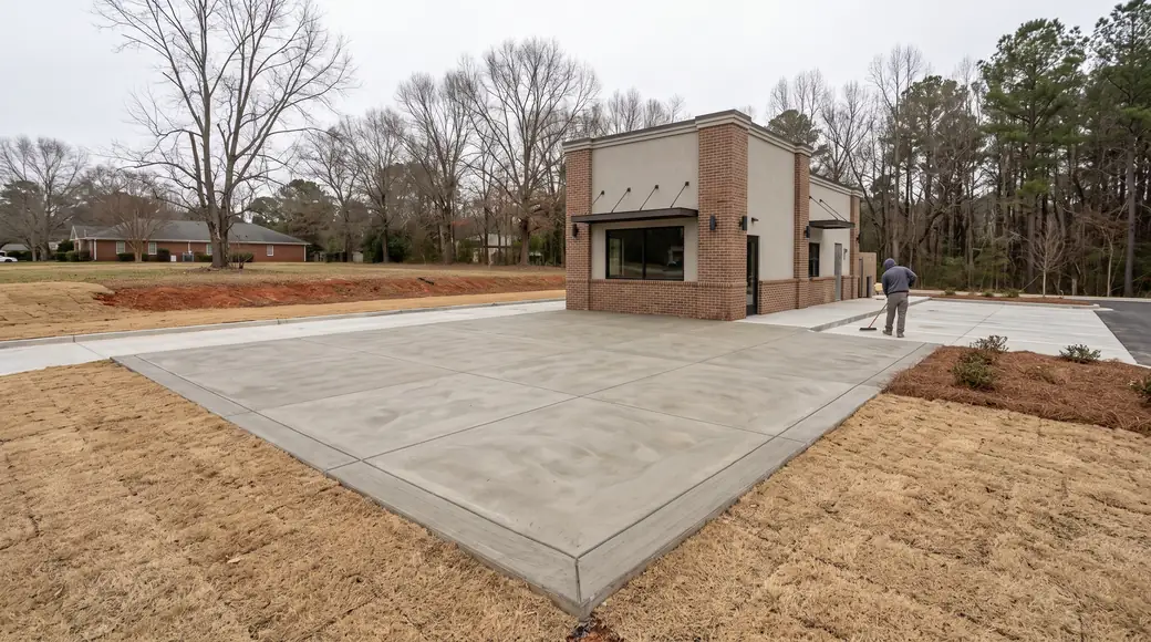 Concrete patio slab and service apron behind a restaurant in Savannah, GA, under an overcast sky.
