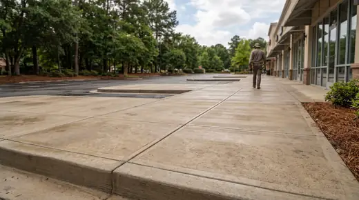 Concrete sidewalk and parking-lot island paving at a retail center in Savannah, GA, after a rain shower.