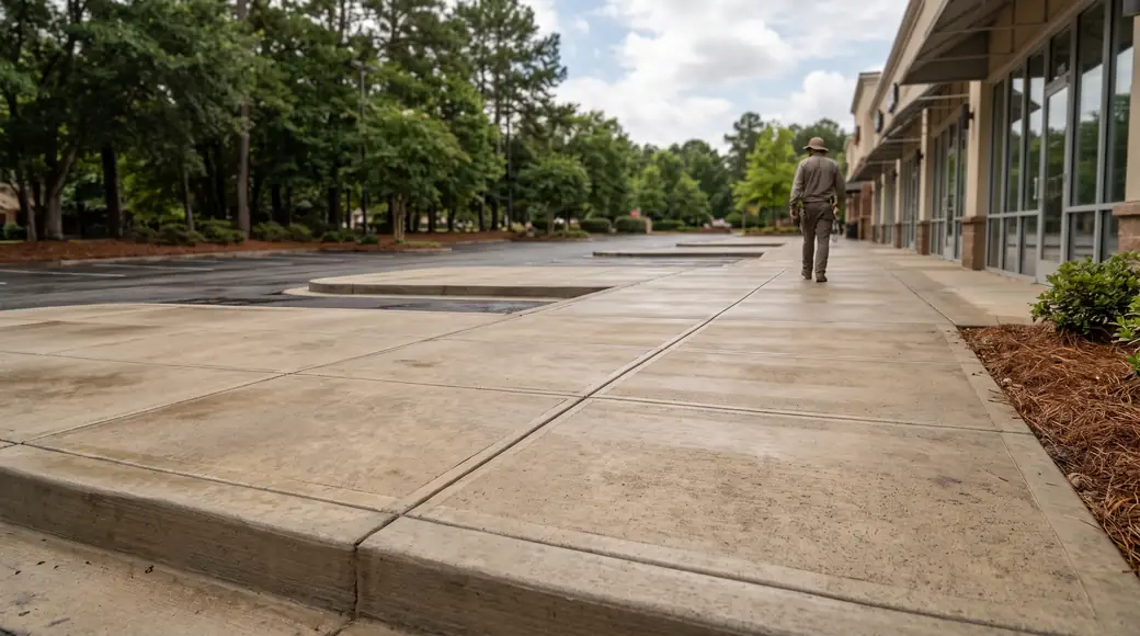 Concrete sidewalk and parking-lot island paving at a retail center in Savannah, GA, after a rain shower.