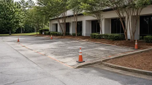 Cracked commercial parking bay marked out for replacement in Savannah, GA, under bright midday cloud.
