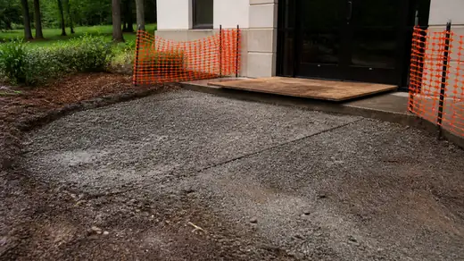Entry pad removed at a business door with the ground prepared in Savannah, GA, after a rain shower.