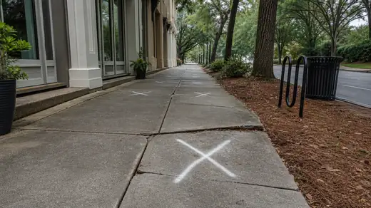 Public sidewalk frontage priced for replacement outside a shopfront in Savannah, GA, under an overcast sky.