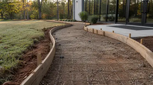 Curved walkway forms bent and staked outside a commercial entrance in Savannah, GA, in early morning light.
