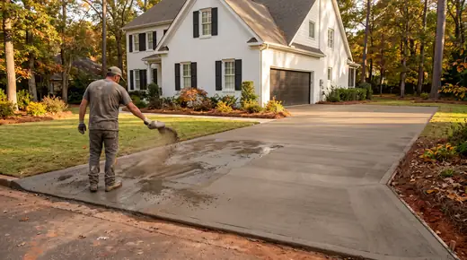 Dry-shake colour hardener being broadcast onto fresh concrete at a painted-white-brick two-story home in Savannah, GA, in late afternoon light.