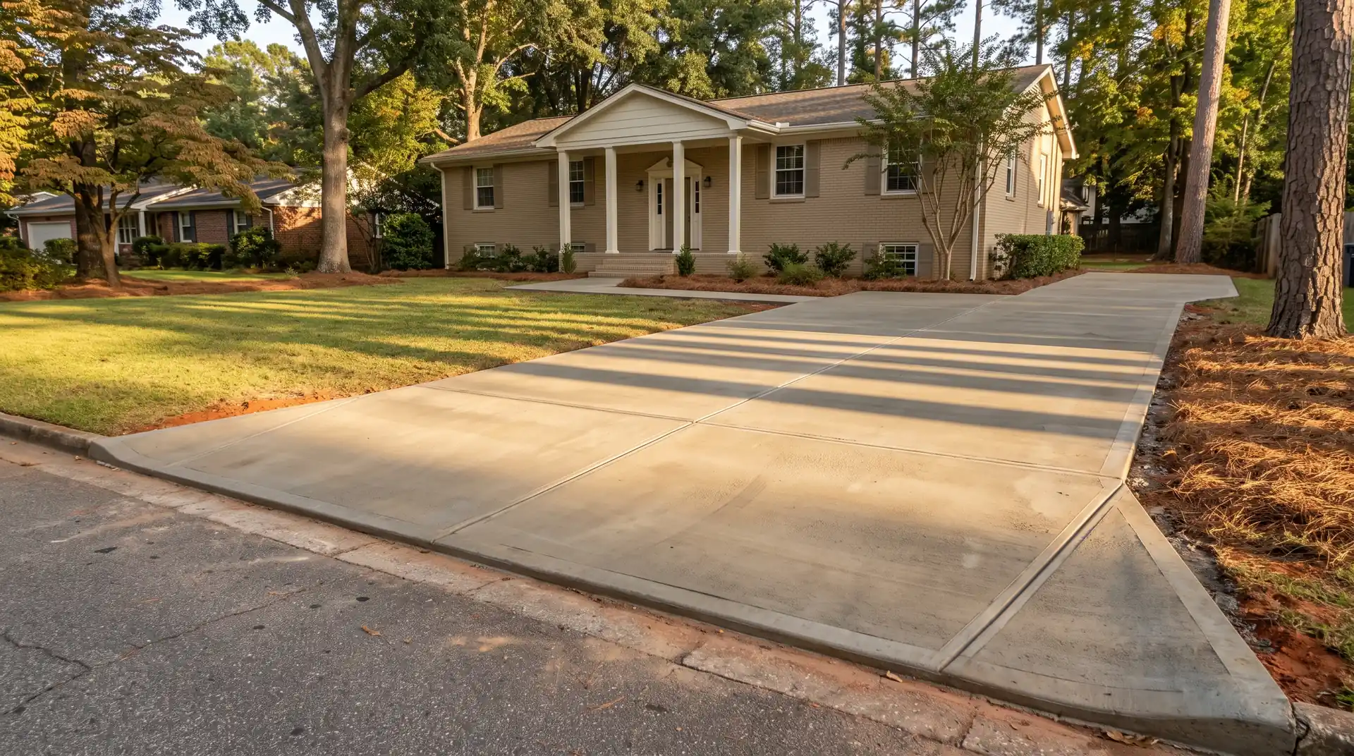 Wide view of finished concrete flatwork across the front of a home at a tan-brick colonial in Savannah, GA, in late afternoon light.