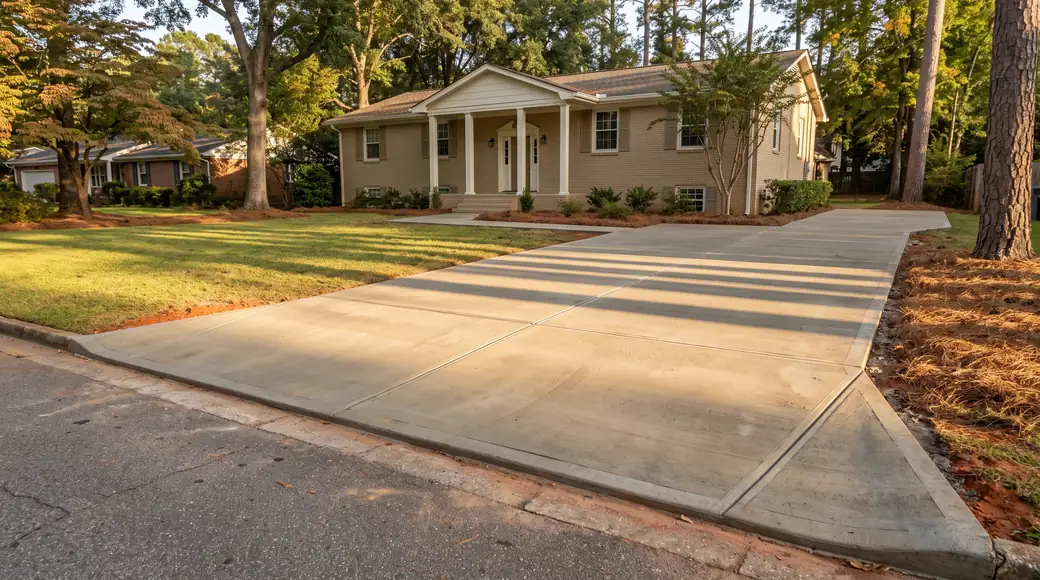 Wide view of finished concrete flatwork across the front of a home at a tan-brick colonial in Savannah, GA, in late afternoon light.