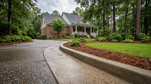 Poured concrete curbing with a rolled profile along a driveway edge at a brick-and-siding two-story home in Savannah, GA, after a rain shower.