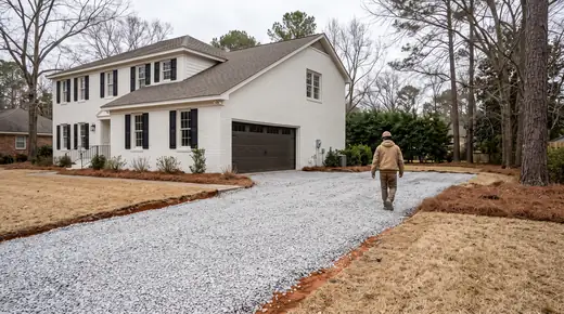 Broken-out concrete removed and the base rebuilt before a new pour at a painted-white-brick two-story home in Savannah, GA, under an overcast sky.