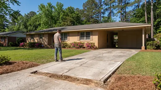 Cracked driveway panel cut out and marked for repair at a buff-brick ranch home in Savannah, GA, in clear late-morning sun.