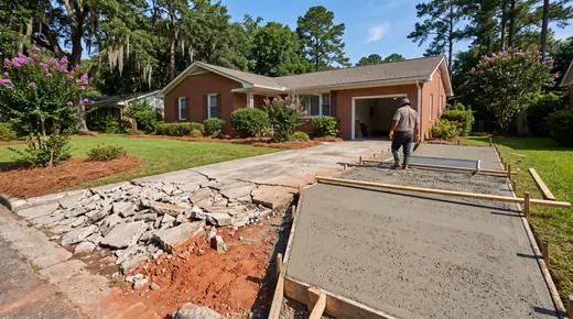 Old driveway broken out with a new concrete pour underway beside it at a red-brick ranch home in Savannah, GA, in clear late-morning sun.