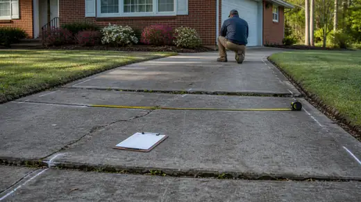 Existing driveway measured and marked before it is replaced at a red-brick ranch home in Savannah, GA, in early morning light.