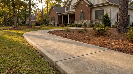 Low concrete edging strip along a mulched garden bed at a brick-and-siding two-story home in Savannah, GA, in late afternoon light.