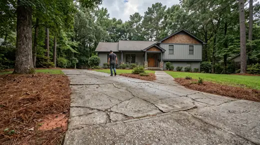 Concrete driveway and walk at a home, the kind of job an estimate covers at a grey split-level home in Savannah, GA, after a rain shower.