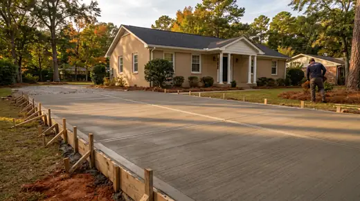 Freshly finished concrete slab curing under a clean broom texture at a tan-brick colonial in Savannah, GA, in late afternoon light.