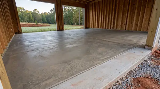 New concrete garage floor slab troweled smooth in an unfinished garage in Savannah, GA, in early morning light.
