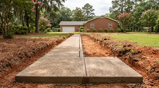 Concrete footing poured at the base of an excavated trench, dowels set at a red-brick ranch home in Savannah, GA, under bright midday cloud.