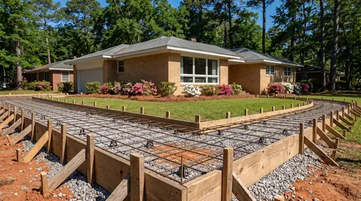 Wooden forms and rebar grid set and tied, ready for concrete at a buff-brick ranch home in Savannah, GA, in clear late-morning sun.