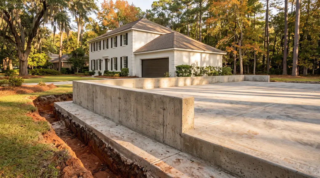 Poured concrete foundation wall and footing for a room addition at a painted-white-brick two-story home in Savannah, GA, in late afternoon light.