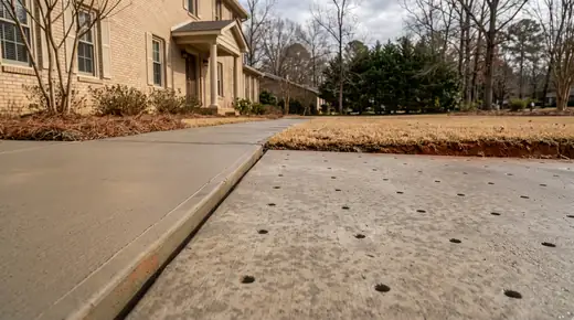 Sunken concrete slab with small drill holes for leveling at a tan-brick colonial in Savannah, GA, after a rain shower.