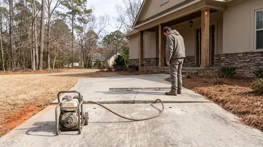 Slab-jacking pump lifting a sunken concrete slab back level at a stacked-stone and stucco home in Savannah, GA, under bright midday cloud.