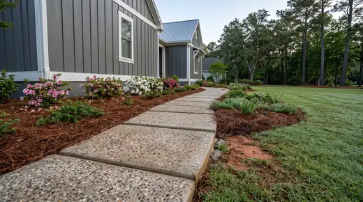 Narrow exposed-aggregate concrete garden path bordered by plantings at a charcoal farmhouse-modern home in Savannah, GA, in early morning light.