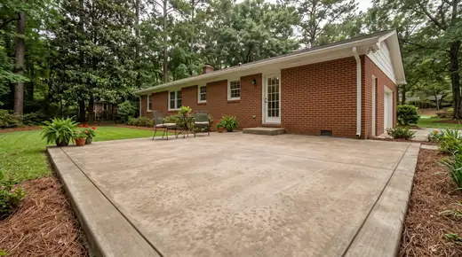 Rectangular concrete patio with a low step up to the rear door at a red-brick ranch home in Savannah, GA, under an overcast sky.