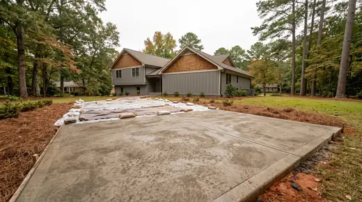 Freshly poured concrete patio still curing under plastic sheeting at a grey split-level home in Savannah, GA, under an overcast sky.