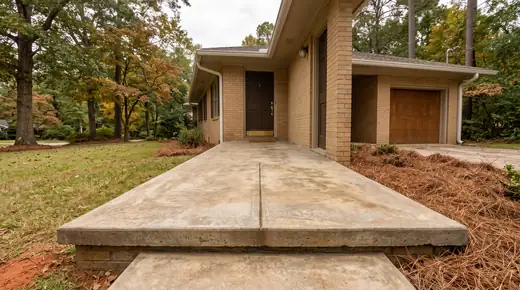 Small concrete front porch slab with a tooled edge at a buff-brick ranch home in Savannah, GA, under an overcast sky.