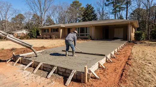 Concrete being poured and screeded across a formed slab at a buff-brick ranch home in Savannah, GA, in clear late-morning sun.