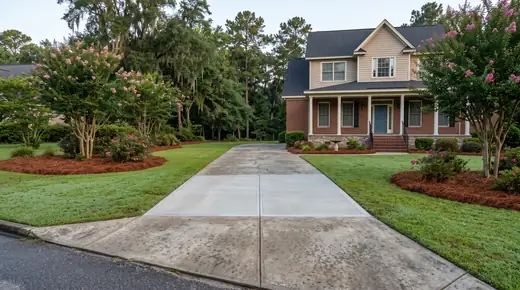 Replaced concrete driveway panel with clean saw-cut edges at a brick-and-siding two-story home in Savannah, GA, in early morning light.