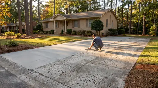 Thin concrete overlay being troweled onto an old worn slab at a tan-brick colonial in Savannah, GA, in late afternoon light.