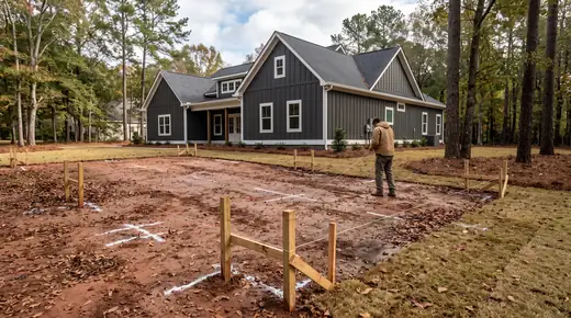 String lines and grade stakes laid out across a yard before a pour at a charcoal farmhouse-modern home in Savannah, GA, after a rain shower.
