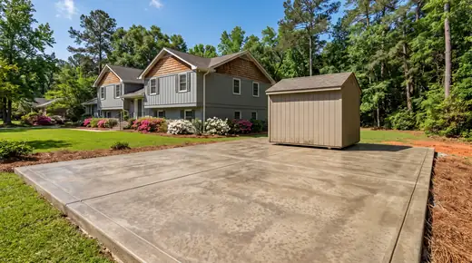 Square-edged concrete slab pad with a storage shed on it at a grey split-level home in Savannah, GA, in clear late-morning sun.