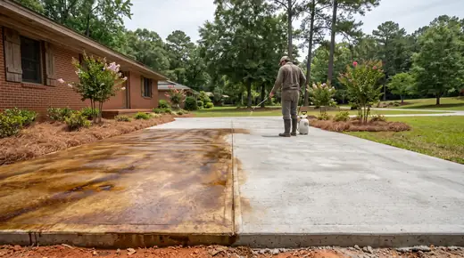 Acid stain being sprayed onto a concrete surface, half-applied at a red-brick ranch home in Savannah, GA, under bright midday cloud.