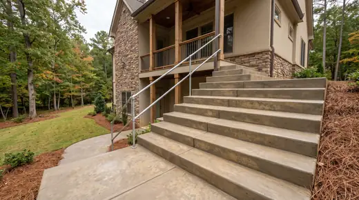 Concrete exterior stairs with a pipe handrail leading to a side entry at a stacked-stone and stucco home in Savannah, GA, under an overcast sky.