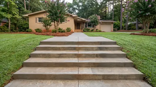 Poured concrete front steps rising to a landing at the front door at a buff-brick ranch home in Savannah, GA, in early morning light.