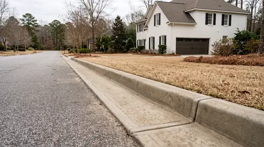 Concrete curb and gutter along a residential street at a painted-white-brick two-story home in Savannah, GA, under an overcast sky.