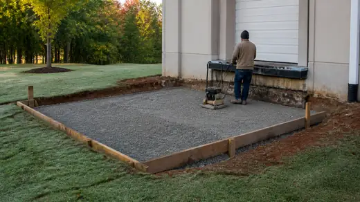Loading dock apron broken out with the subgrade compacted in Savannah, GA, in early morning light.