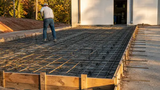 Heavy dock slab formed with a doubled rebar mat before the pour in Savannah, GA, in late afternoon light.