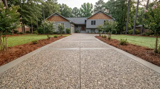 Exposed aggregate concrete driveway showing washed river-rock stone at a grey split-level home in Savannah, GA, in early morning light.