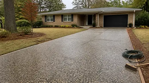 Newly washed exposed aggregate driveway with the stone just revealed at a buff-brick ranch home in Savannah, GA, under bright midday cloud.