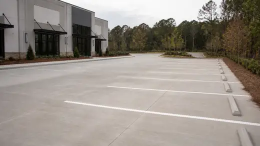 New parking concrete cured and freshly striped into bays in Savannah, GA, under an overcast sky.