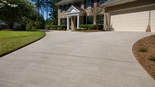 Cured driveway swept clean with the forms stripped away at a tan-brick colonial in Savannah, GA, in clear late-morning sun.
