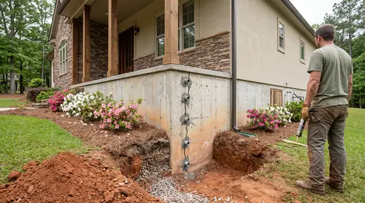 Foundation wall crack being repaired with an injection port at a stacked-stone and stucco home in Savannah, GA, under an overcast sky.