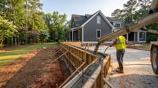 Concrete being poured into foundation wall forms at a charcoal farmhouse-modern home in Savannah, GA, in late afternoon light.